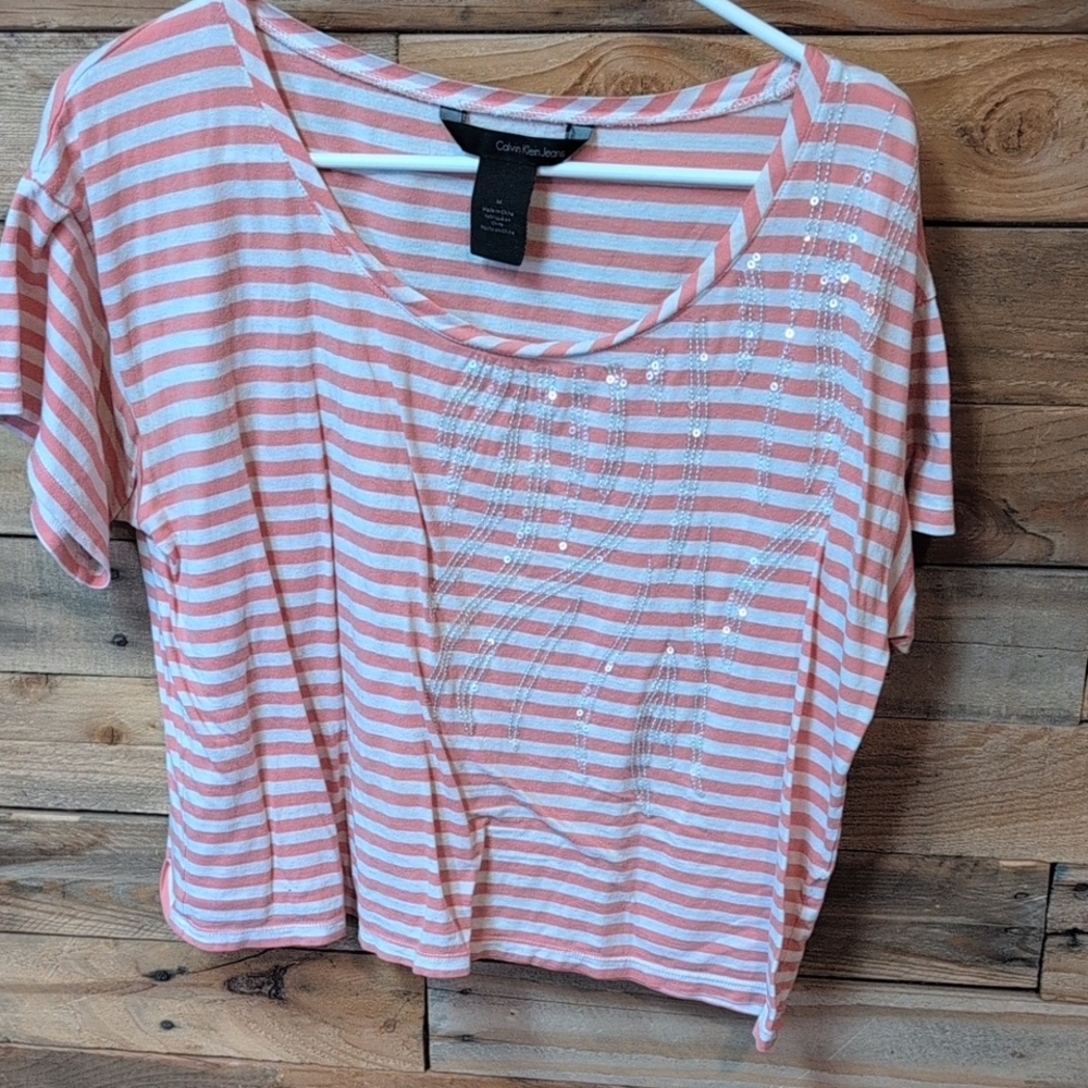 Calvin Klein Striped Short Sleeve Tee Oversized Crop Top Size M Cute Cheap